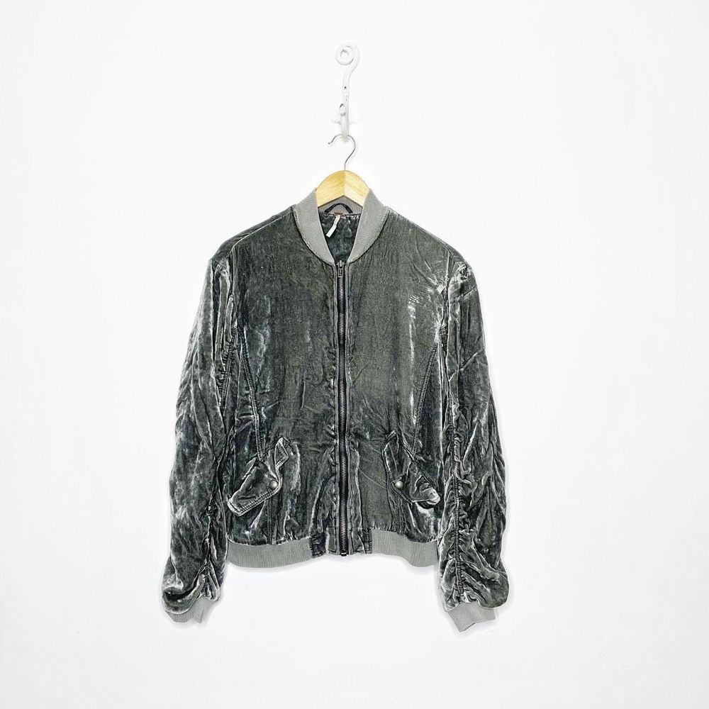 FREE PEOPLE Ruched VELVET Bomber Jacket Gray full zip WOMENS S small
